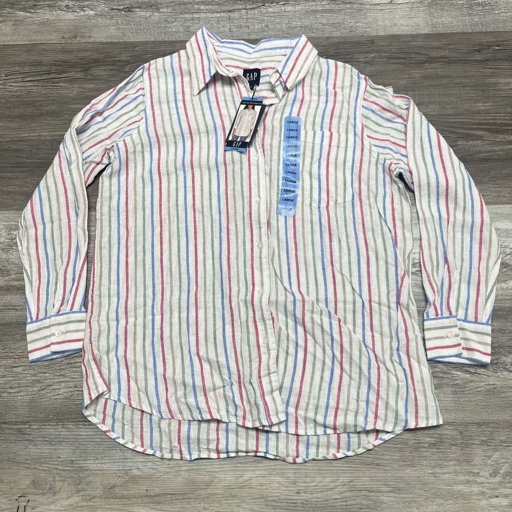 Gap Linen Shirt Women Size L Multi Stripe Button Long Sleeve Viscose NWT New